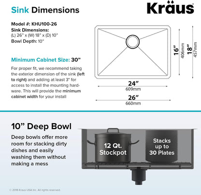 Standart PRO 26-Inch 16 Gauge Undermount Single Bowl Stainless Steel Kitchen Sink, KHU100-26