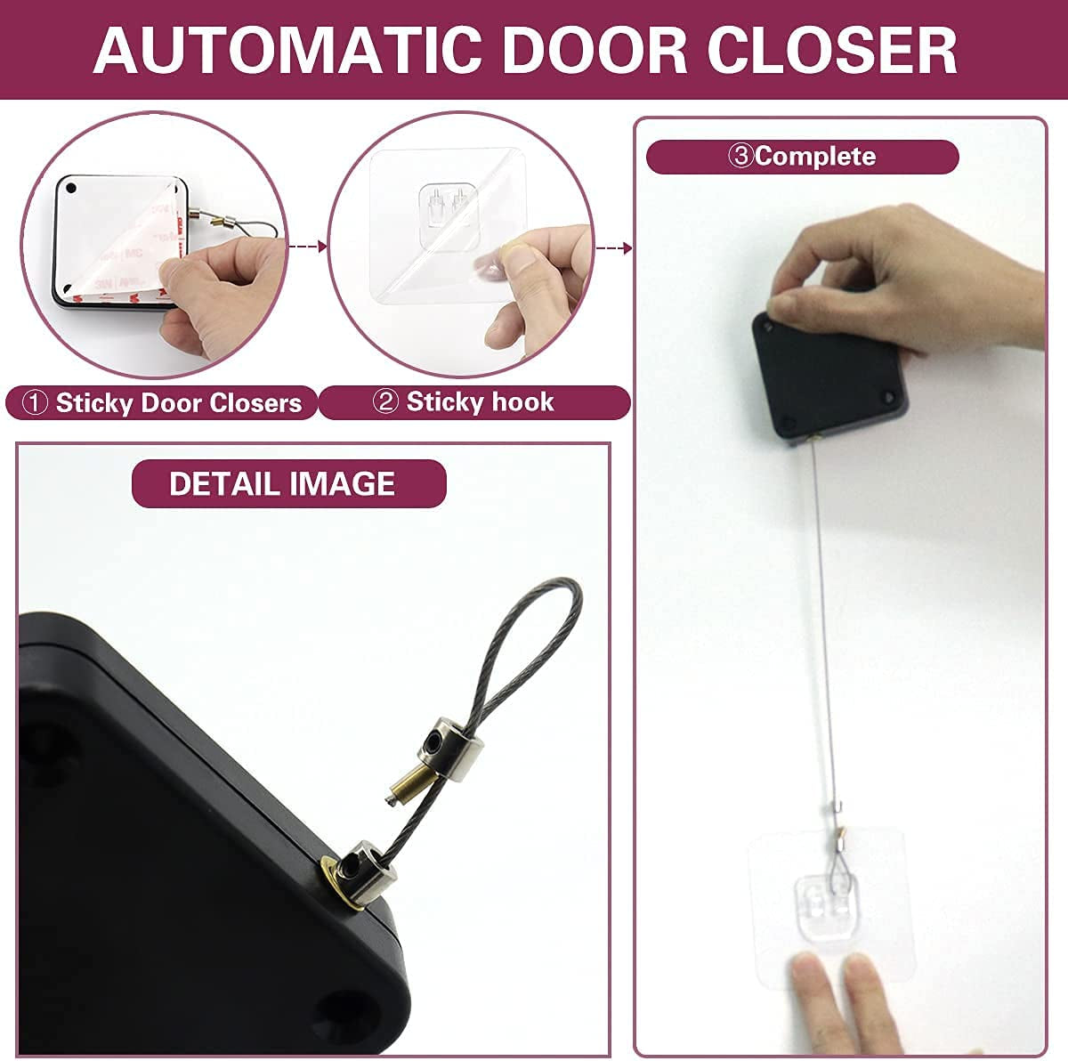 KAKALUOTE Punch-Free Automatic Sensor Door Closer, Multifunctional Auto Door Closer with Drawstring, Residential Commercial Use (1 Pack)